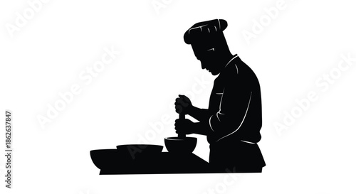 A chef preparing food with a pestle and mortar a striking black silhouette