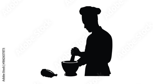 A chef preparing food with a mortar and pestle a striking black silhouette