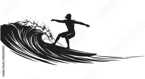 A surfer riding a powerful ocean wave a dynamic black and white silhouette