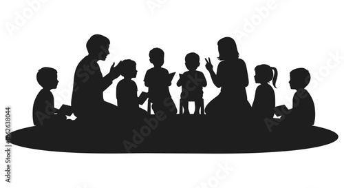 A family gathered in a circle interacting and connecting with each other silhouette