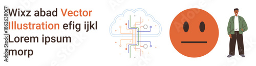 Technology, emotions, data analysis, communication, AI, human interaction. Cloud outline with circuitry, neutral emotion and person standing. Technology and emotions meet in conceptual design