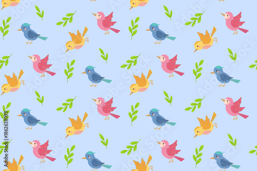 Stylish repeating and seamless vector pattern of colorful birds and leaves. Vector illustration