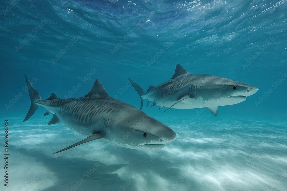 Fototapeta premium Tiger sharks gracefully swim through the clear ocean waters in slow motion, showcasing their powerful bodies and unique patterns beneath the surface