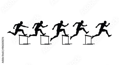 a sequence of runners jumping over hurdles in a dramatic black silhouette