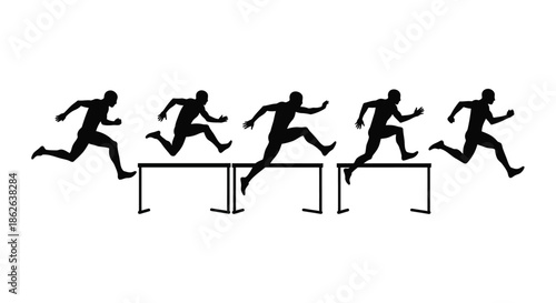 A series of running figures overcoming hurdles depicted in a dark silhouette