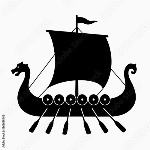 Simple silhouette vector illustration of a viking ship in bold style