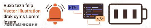 Web design, digital development, coding alerts, energy management, HTML scripting, software updates. A notification bell, coding window and battery icon. Web design and digital development concepts