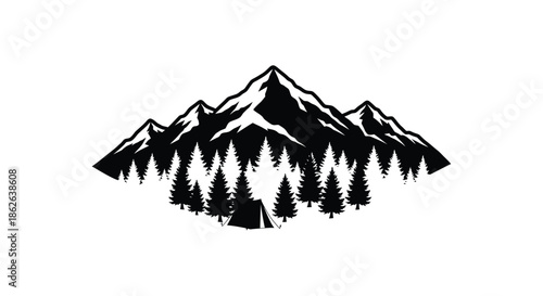 Dramatic mountain range with dense forest and a camping tent a striking silhouette
