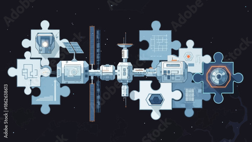 Concept illustration showing a modular space station assembled from interconnected puzzle pieces representing engineering assembly and complex futuristic construction challenges