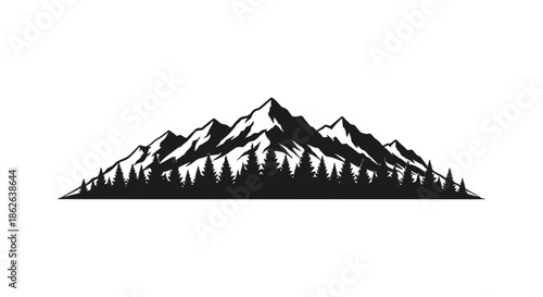 Dramatic mountain range landscape with dense evergreen forest a stark black silhouette