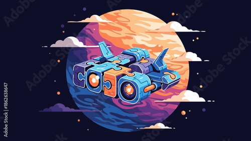 Conceptual abstract illustration featuring a futuristic spaceship constructed from interconnected jigsaw puzzle pieces flying near a giant planet