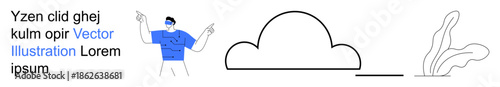 Technology, communication, cloud storage, creative design, digital media, minimalism. A man gestures near a cloud drawing and abstract plant. Technology and communication as minimal design concept