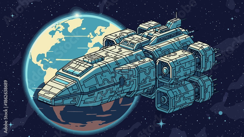 Detailed isometric illustration of a massive futuristic cargo spaceship traveling through dark outer space near a vibrant blue and tan planet.