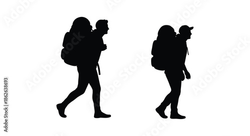 Two people walking with backpacks one carrying a child depicted as a striking silhouette