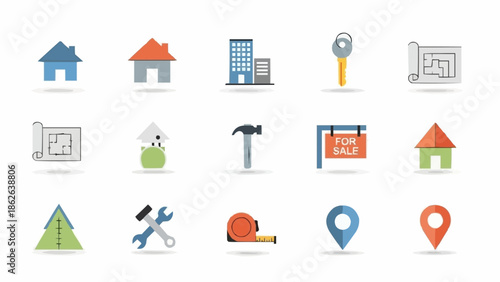 Real Estate and Construction Icons Set - Home, Building, Key, Blueprint, Tools.