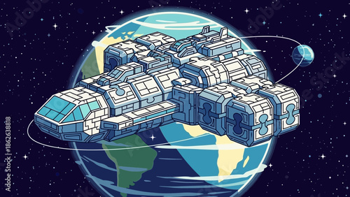 Isometric cartoon illustration depicts a massive futuristic white and blue spaceship orbiting the vibrant blue and green planet earth above the dark starry cosmos