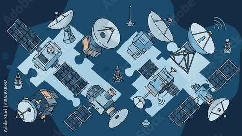 Interconnected space technology satellites and communication dishes form a complex cosmic puzzle representing global network integration and satellite systems.