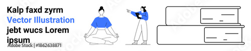 Woman practices meditation while another teaches beside stacked books, blending mindfulness, learning, and productivity. Ideal for education, wellness, mindfulness, coaching, self-improvement