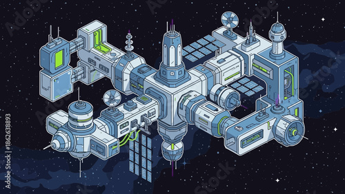 Detailed isometric illustration of a sprawling futuristic modular space station orbiting brightly lit stars in the deep blackness of the cosmos