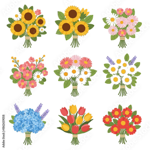 Set of hand drawn flower bouquets in flat vector style isolated