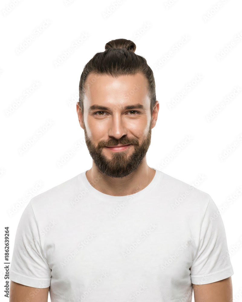 Fototapeta premium Smiling Man with Beard and Top Knot on White