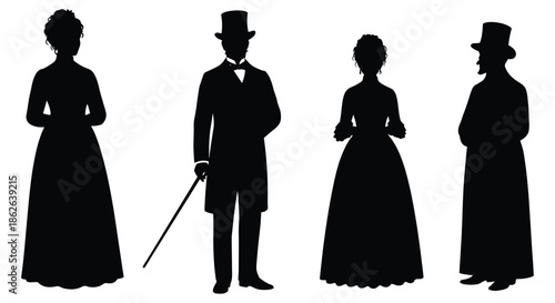 Elegant victorian couple and woman in formal attire presented as a striking silhouette