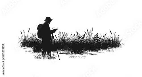 A lone hiker with backpack and walking sticks in a field black and white silhouette