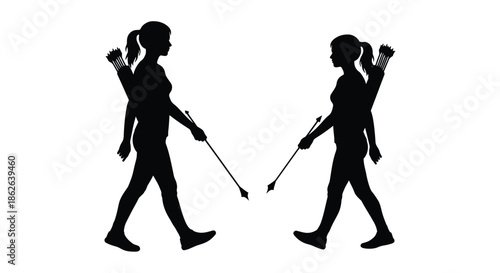 Two women practicing archery viewed from the side in a striking silhouette