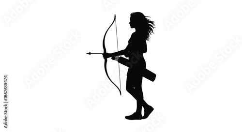A female archer in a dynamic pose drawing back her bow a striking silhouette