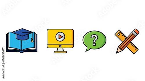 Set of colorful education and learning icons representing knowledge acquisition, digital video courses, asking questions, and measurement tools for schoolwork.