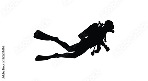 A black silhouette of a scuba diver swimming underwater exploring the depths silhouette