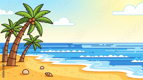 Serene tropical beach with swaying palm trees and calm ocean waves