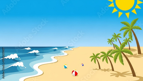 Serene beach scene with palm trees and sunny weather
