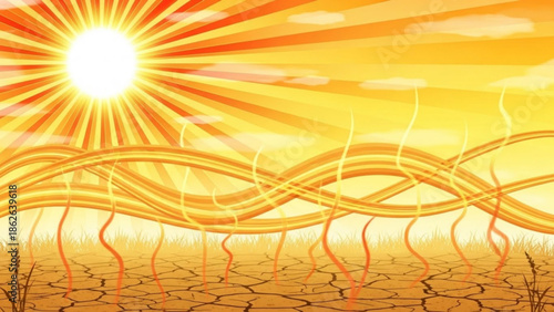 Vibrant desert landscape with intense sun heat waves on dry cracked earth