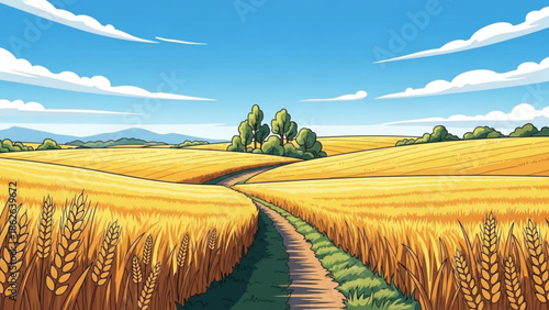 Golden wheat fields under blue sky with winding dirt road