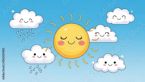 Smiling sun and happy clouds in a bright blue sky