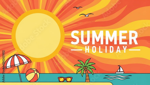 Vibrant summer holiday scene with beach elements and sunny sky