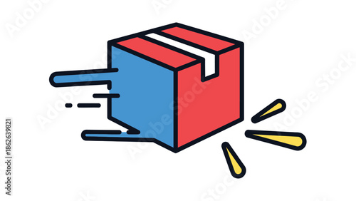 Stylized icon depicting a vibrant red and blue shipping box moving incredibly fast indicating express delivery or rapid transit service illustration