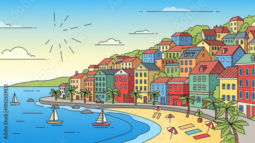 Vibrant beach town with colorful buildings and sailboats