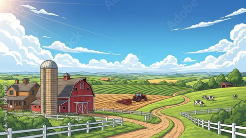 Vibrant farm landscape with red barn and green fields under blue sky