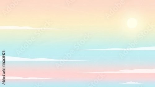 Serene sunrise over calm waters with soft pastel colors