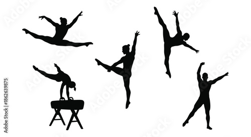 Dynamic gymnasts in action poses showcasing strength and flexibility a striking silhouette