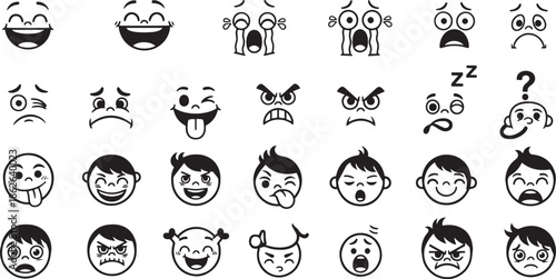 Collection of Cute Cartoon Kid Faces featuring Diverse Childhood Emotions, Playful Character Expressions and Hand-Drawn Comic Avatars