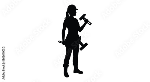 Female construction worker with tools standing in a full body pose black silhouette