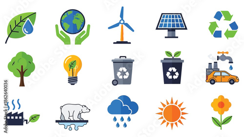 Collection of flat design icons representing various concepts related to environmental protection renewable energy sustainability and global ecology issues