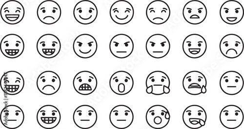 Collection of Simple Line Art Emoji Faces featuring Modern Social Media Expressions, Minimalist Character Emotions and Vector Emoticon Icons
