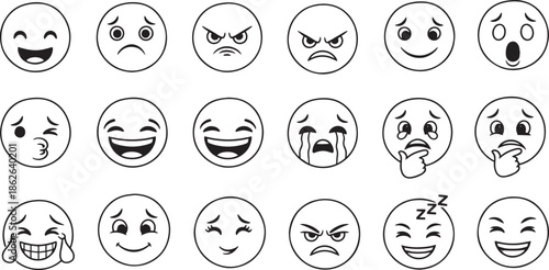 Collection of Minimalist Circular Emoji Icons featuring Diverse Social Media Expressions, Simple Line Art Emoticons and Modern Character Moods