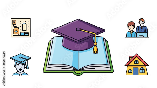 Graduation cap resting on an open textbook symbolizes academic achievement alongside icons representing science education, professional careers, and home life choices