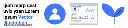 Technology, analytics, business, user profile, finance, sustainability. A user icon, analytic dashboard with graphs and a leaf symbol. Technology and analytics visually