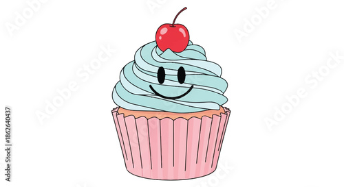 Whimsical pastel cupcake with cherry and swirling frosting.